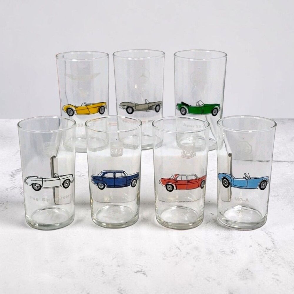 Vintage Mobil Pegasus Classic Car Tumbler Glasses Set 7 1950s 1960s Promotional